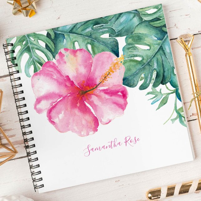 Fleur tropicale et verdure Journal personnalisé (Notebook tropical watercolor hibiscus flower and monstera leaves Victoria Grigaliunas DoTellABelle)