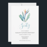 Fleur tropicale Invitation 60e anniversaire<br><div class="desc">Do Tell A Belle's botanical 60th Birthday invitation encadre vos détails de l'événement avec un oiseau tropical de fleur de paradis. Un bleu turquoise assorti orne l'arrière de votre invitation. Un choix tropical chic mais moderne pour votre fête d'anniversaire ou de tiki party. Les mots peuvent être changés pour lire...</div>