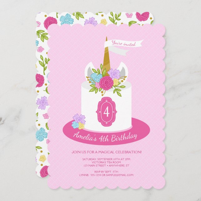 Fleur Unicorn Cake Anniversaire Fête Invitation (Devant / Derrière)
