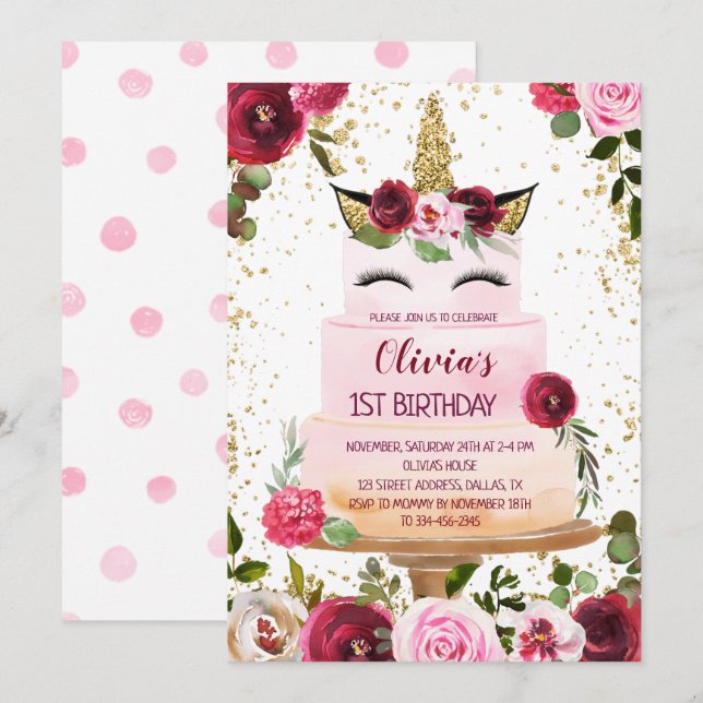 Fleur Unicorn Gâteau Anniversaire Invitation (Devant / Derrière)
