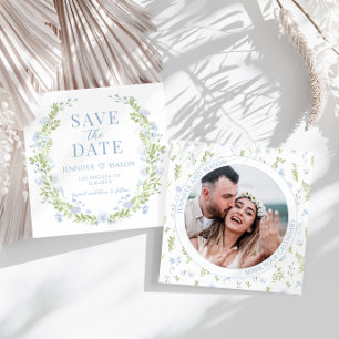 Fleur vert bleu Enregistrer la date invitation pho