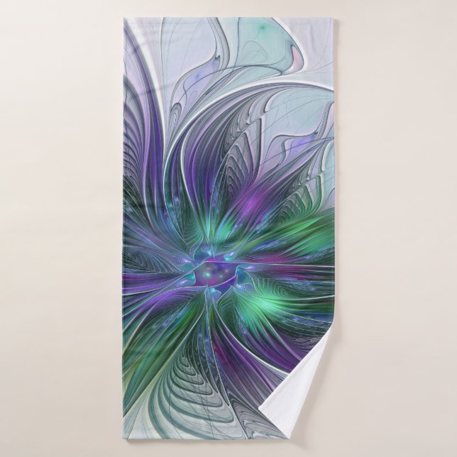 Fleur verte abstraite moderne d'art fractal violet (Serviette de bain)