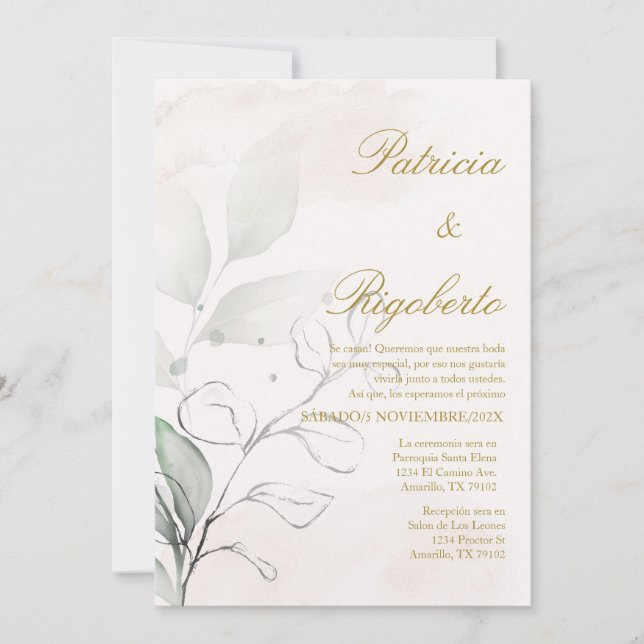 Fleur verte Elégant Mariage Invitation en espagnol (Devant)