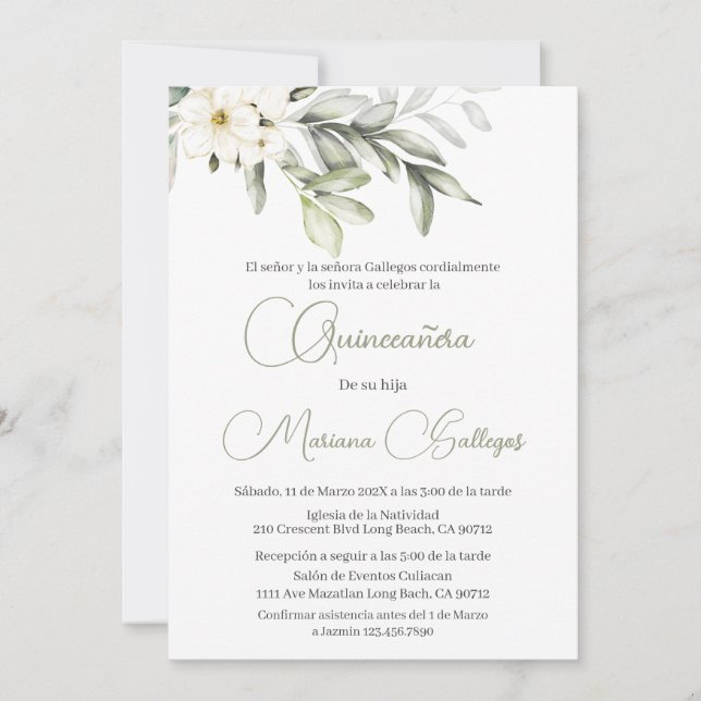 Fleur verte et blanche Quinceanera invitation (Devant)