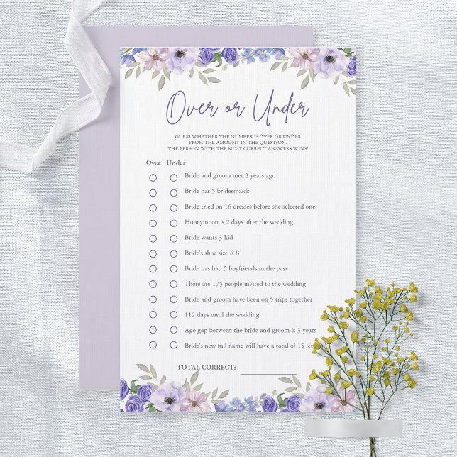 Fleur violette au-dessus ou en dessous du jeu de F (Purple Flower Over or Under Bridal Shower Game)