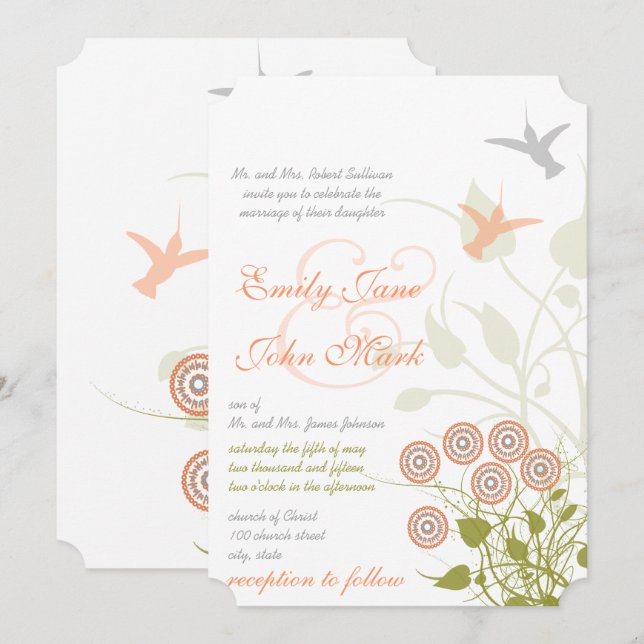 Fleur Whimsical et Faire-part de mariage d'oiseaux (Devant / Derrière)