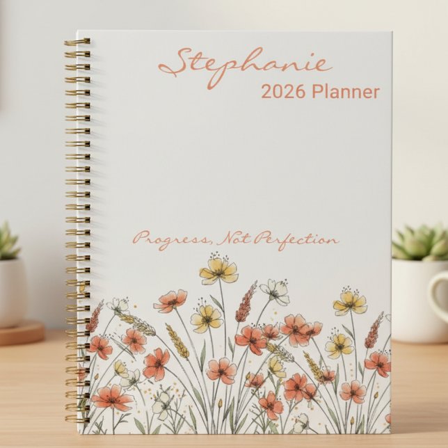 Fleurir Champ de Blé Ivoire Délicat (Ivory wildflower "Progress, Not Perfection" planner with name, a self-care essential)