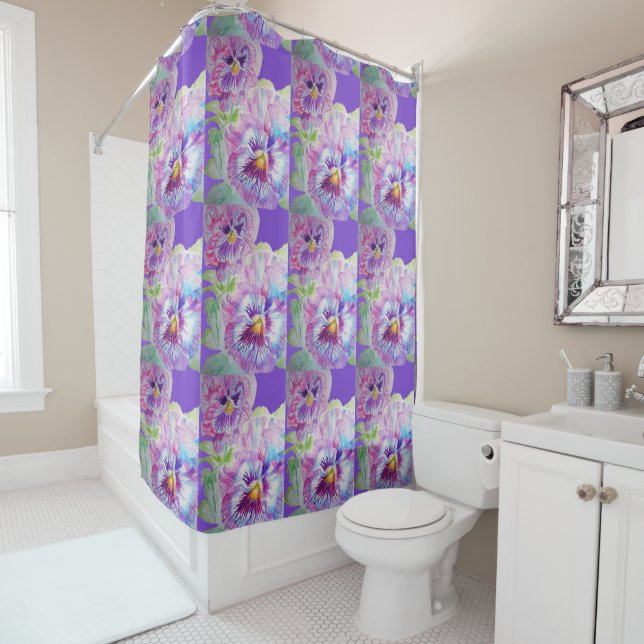 Fleuron de Pansy mauve art floral rideau de douche (En situation)