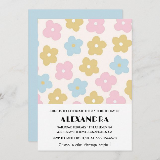 Fleurs 37e anniversaire invitations Retro Blue Pin (Devant / Derrière)