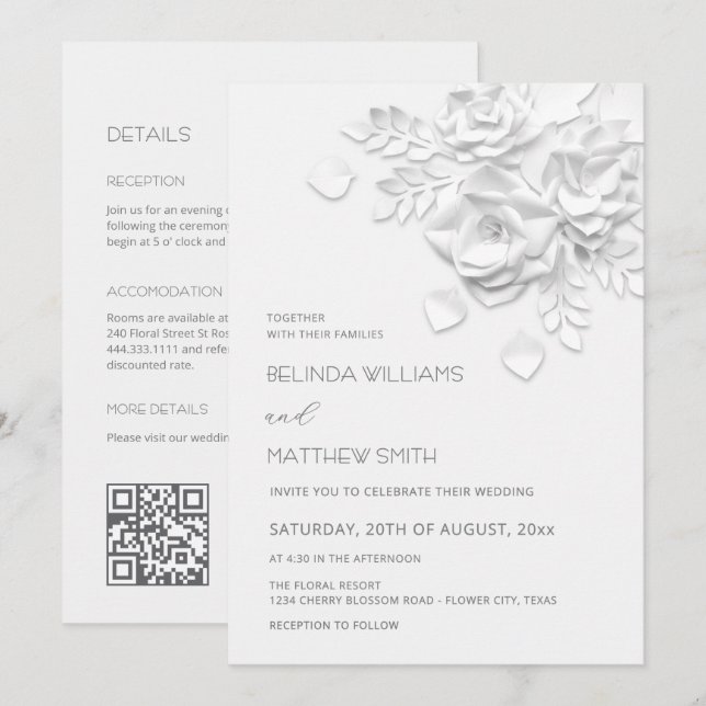 Fleurs 3D blanches Invitation de mariage tout-en-u (Devant / Derrière)