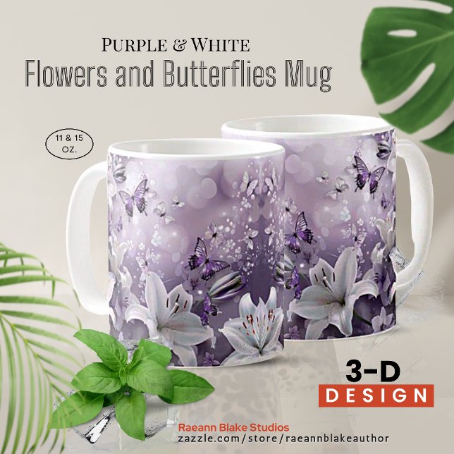 Fleurs 3D violettes et blanches et papillons Mug (Créateur téléchargé)