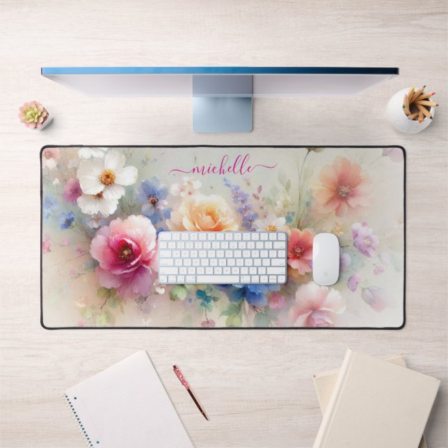 Fleurs à l'aquarelle élégantes Texte de nom person (Bureau 1)