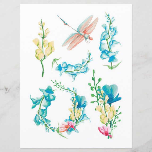 Fleurs à l'aquarelle et insectes à découper et à c (Devant)
