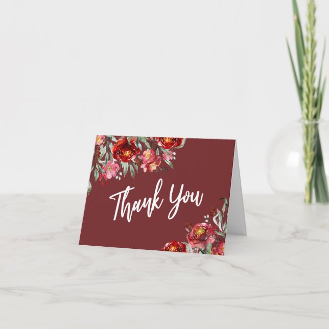 Fleurs à l'aquarelle rouge bordeaux Merci blanc (Devant)