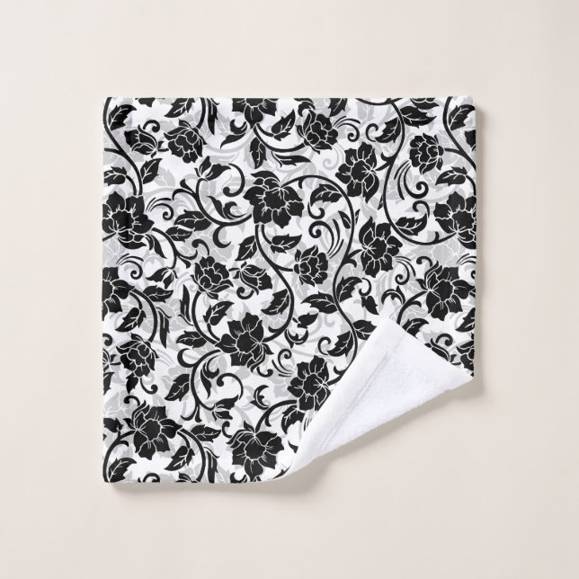 Fleurs à rayures noir et gris (Gant de toilette)