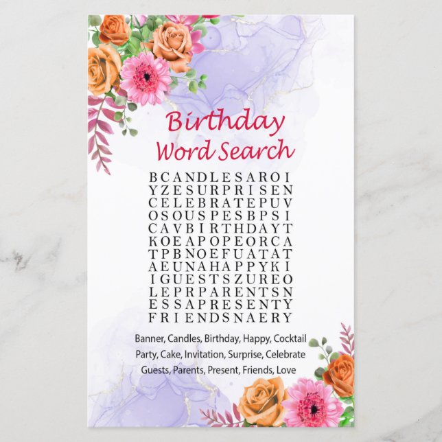 Fleurs Anniversaire Mot de recherche Jeu (Devant)