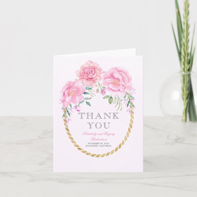 Fleurs aquarelle rose enveloppe or edding Merci (Devant)
