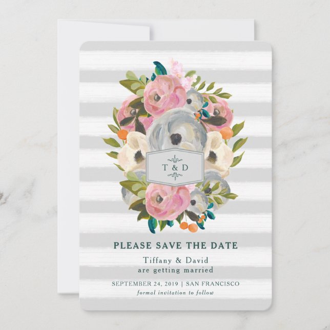 Fleurs aquarelles chic bandes grises save the date (Devant)
