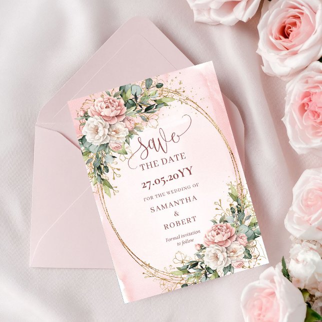 Fleurs aquarelles chic rose saumon faire-part de s (Chic Watercolor Blush Pink Flowers Save The Date)