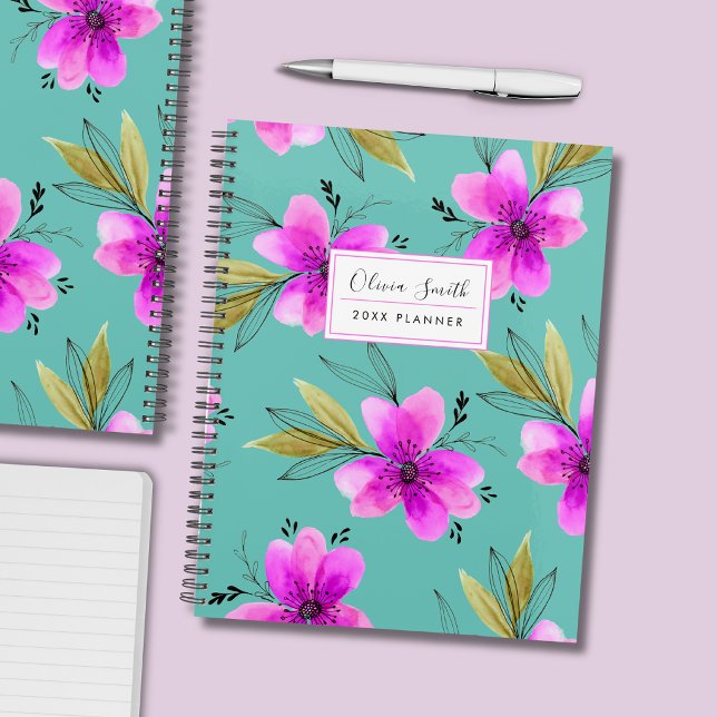Fleurs aquarelles colorées rose et turquoise (Pink lily floral personalized planner)