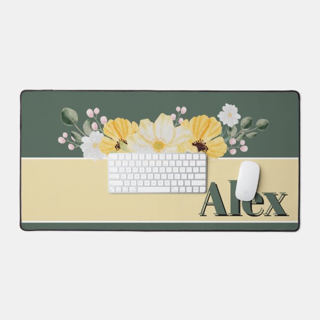 Fleurs aquarelles modernes et fond vert (Clavier et souris)