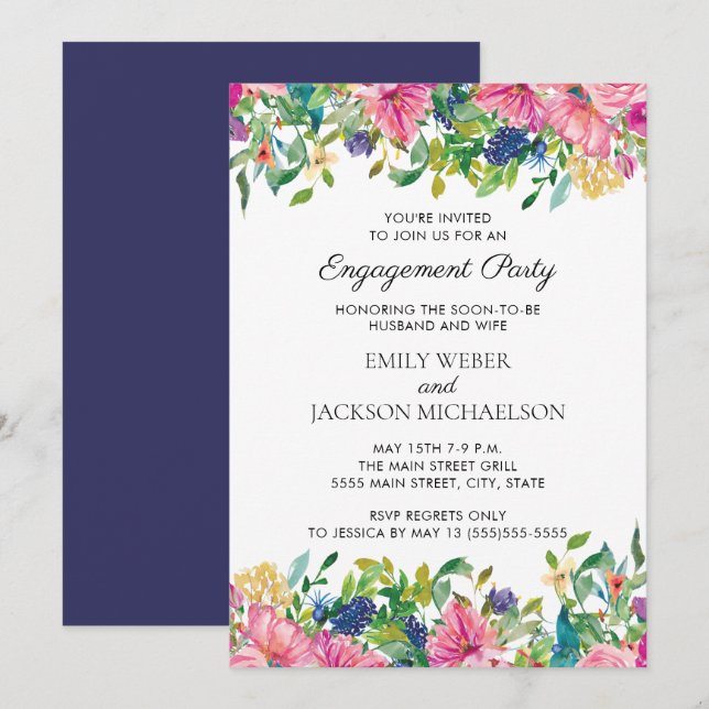 Fleurs aquarelles rose bleu pour fiançailles (Devant / Derrière)
