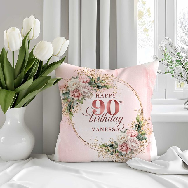Fleurs aquarelles rose poussiéreux Coussin 90e ann (Dusty Pink Watercolor Flowers 90th Birthday Pillow)