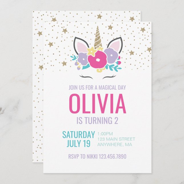 Fleurs arc-en-ciel magiques Unicorn Invitation d'a (Devant / Derrière)