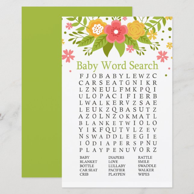 Fleurs Baby shower Word Search Jeu (Devant / Derrière)
