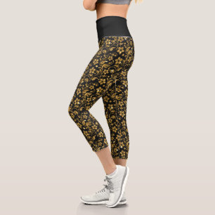 Fleurs baroques d'or sur Leggings Capri noirs