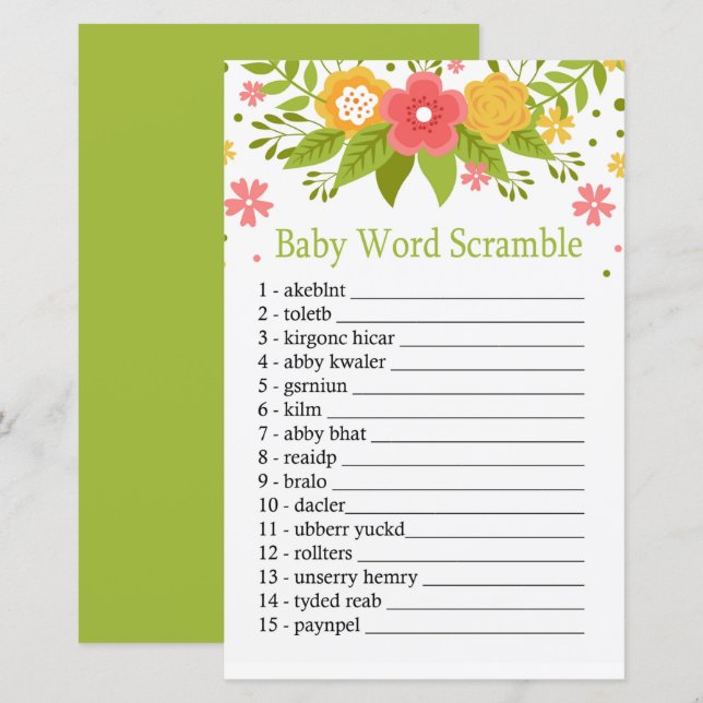 Fleurs Bébé mot scramble jeu (Devant / Derrière)