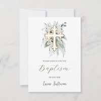 Fleurs blanches Bouquet vert Baptême Invitation
