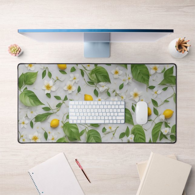 Fleurs blanches citrons feuilles vertes motif sur  (Bureau 1)