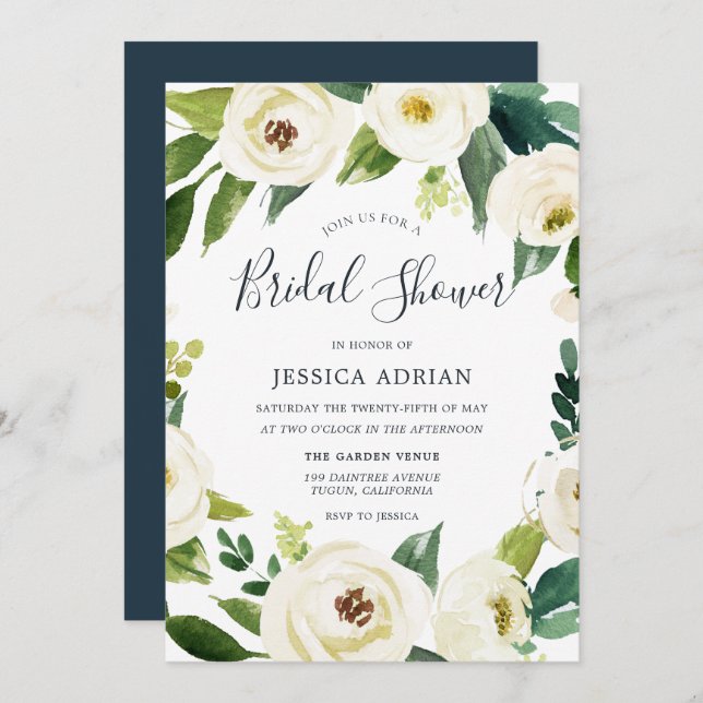 Fleurs blanches Fête des mariées verte Invitation (Devant / Derrière)