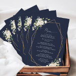 Fleurs blanches, Fleurs de crème, Boho, Menu Maria<br><div class="desc">Ajoutez une touche personnelle à votre fête mariage avec ces objets de fête élégants et mémorables ! Le design présente des fleurs d'aquarelle blanche,  de la verdure et un cadre doré sur arrière - plan bleu marine.</div>