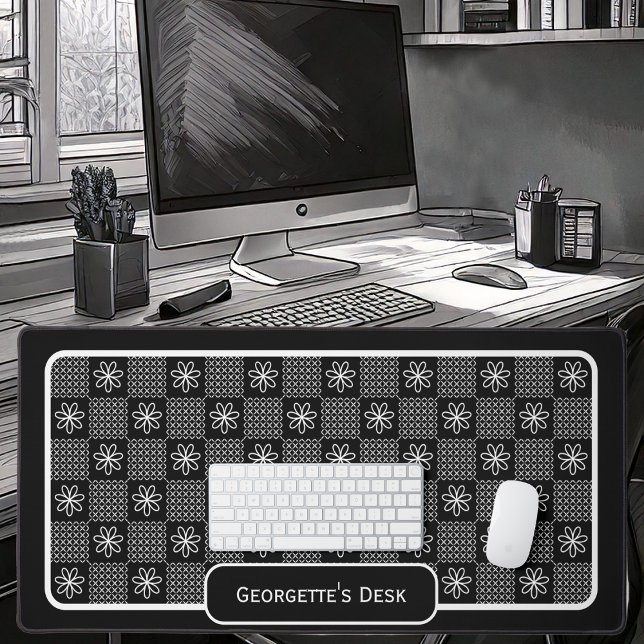 Fleurs blanches minimalistes - vérifiées sur noir (Minimalist White Flowers Check on a black background by Office Accessories Shop)