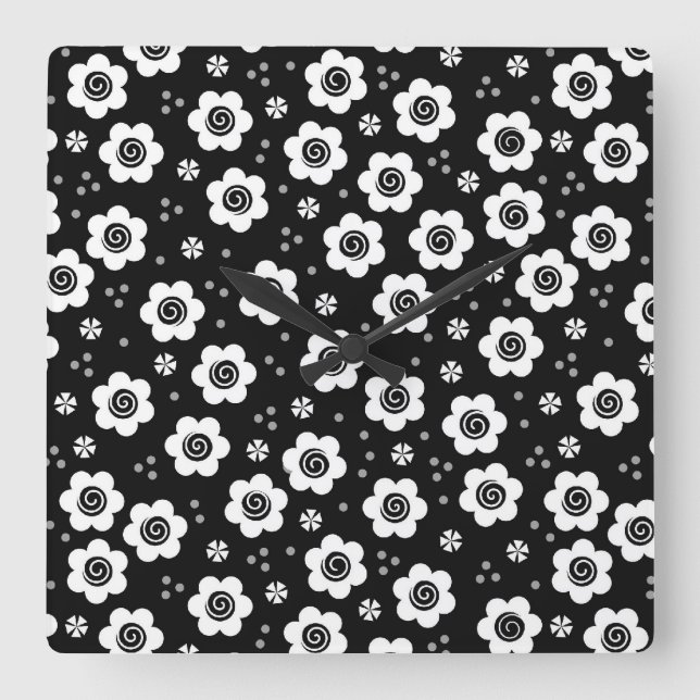 Fleurs blanches noires mignonnes Horloge murale (Recto)