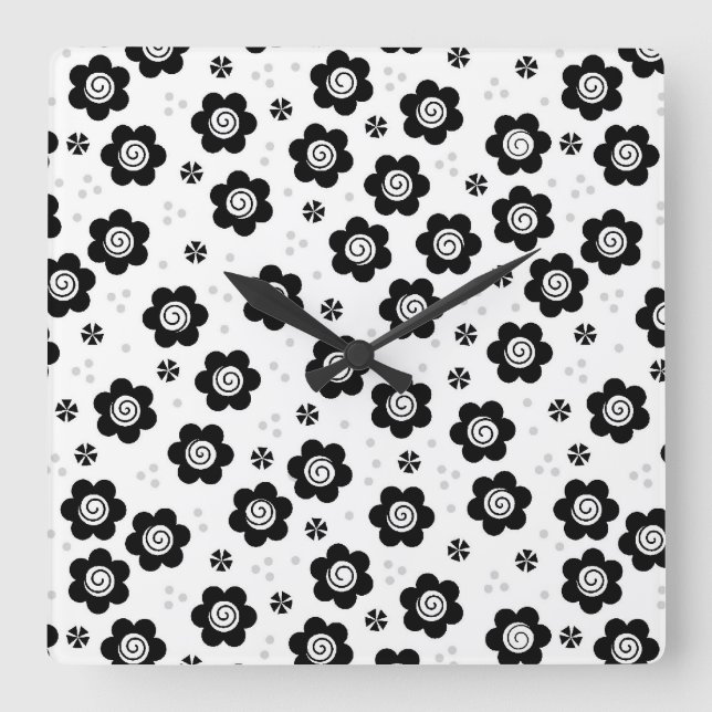 Fleurs blanches noires mignonnes Horloge murale (Recto)