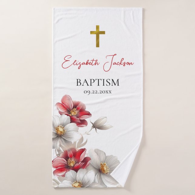 Fleurs blanches rouges étonnantes Cadeau Baptême o (Serviette de bain)