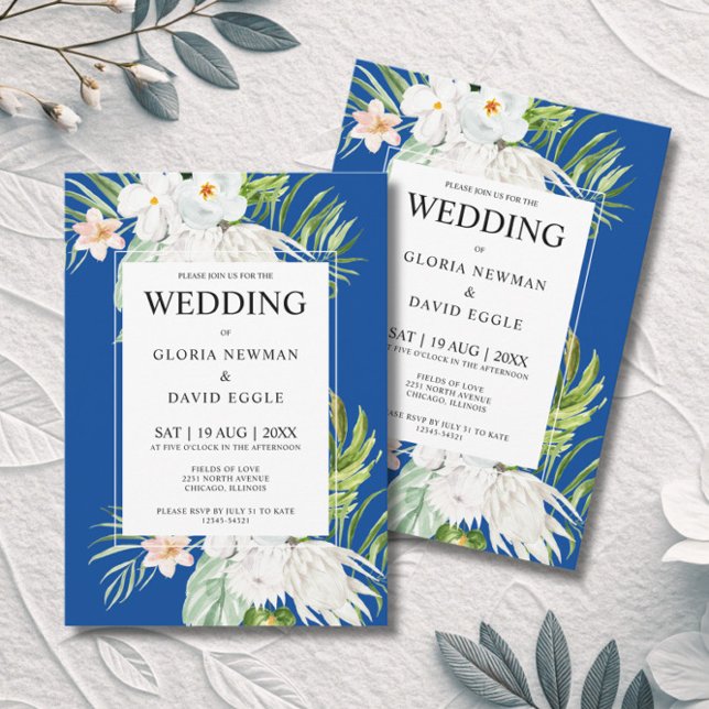 Fleurs blanches sur invitation de mariage bleue (Créateur téléchargé)