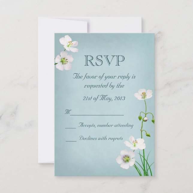 Fleurs blanches sur mariage bleu RSVP (Devant)