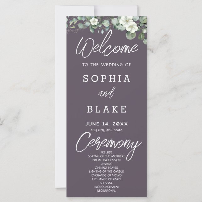 Fleurs Blanches Verdure Grise Programme de Mariage (Devant)