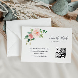 Fleurs bleu marine et rose pâle QR code carte RSVP