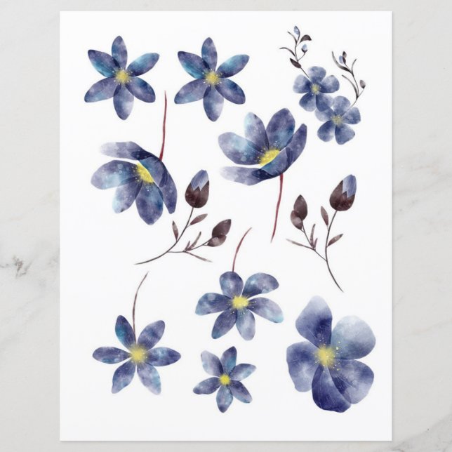 Fleurs bleues à l'aquarelle à découper et à coller (Devant)