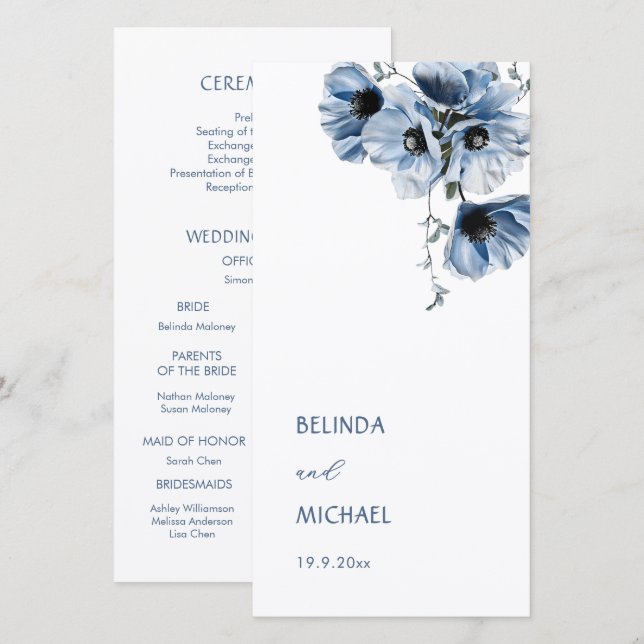 Fleurs bleues artistiques | Programme de mariage (Devant / Derrière)