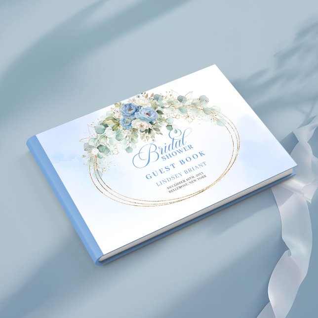 Fleurs bleues chic et livre d'or pour invités de m (Chic Blue Flowers and Gold Bridal Shower Guestbook)