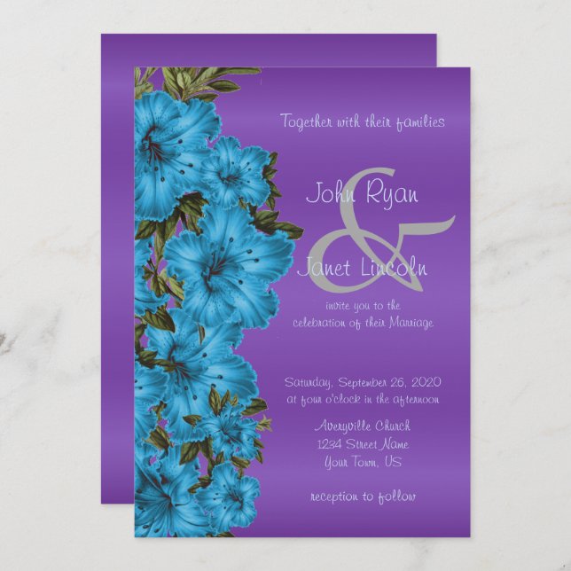 Fleurs bleues et invitation au mariage satiné viol (Devant / Derrière)