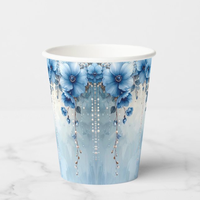 Fleurs Bleues et Perles Gobelets en Papier (Recto)
