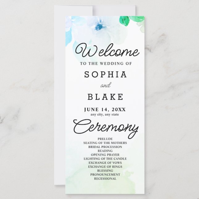 Fleurs bleues et verdure Programme de mariage blan (Devant)