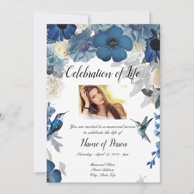 Fleurs bleues Hummingbird Funeral Invitation (Devant)